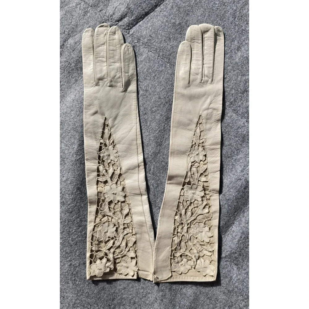 Vintage Kid Leather Gloves Floral Lattice Cut-Out Italian 50s Opera Bridal NWOT